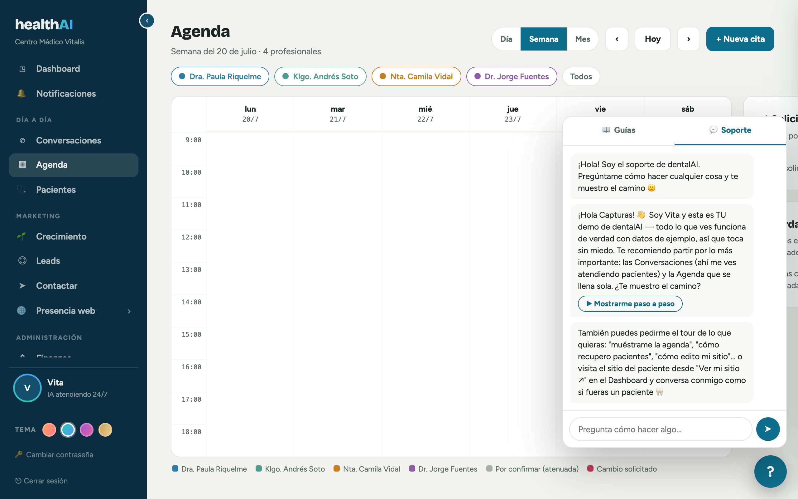 Pantalla real de la Agenda semanal por profesional