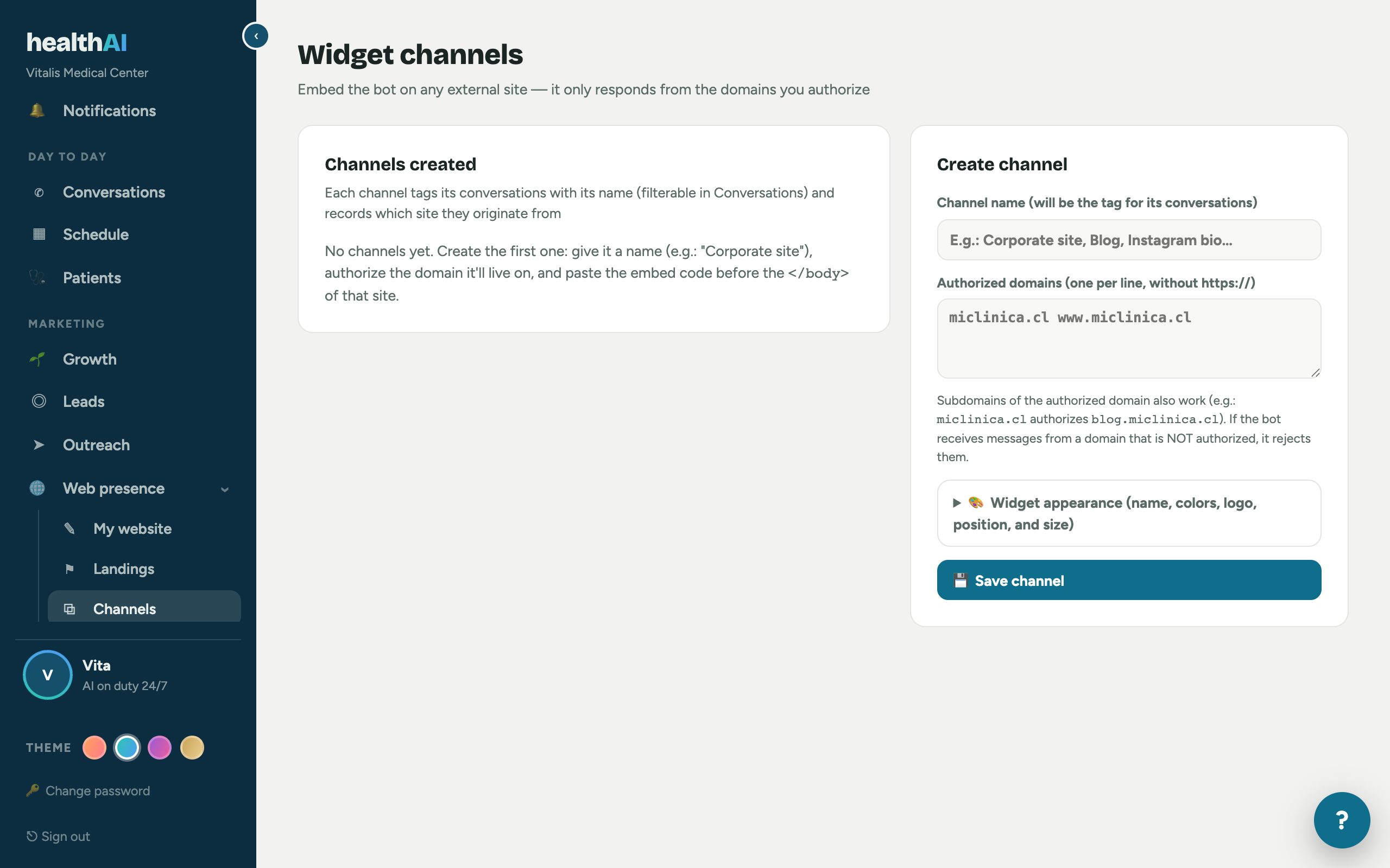Real Channels screen: embeddable bot widget