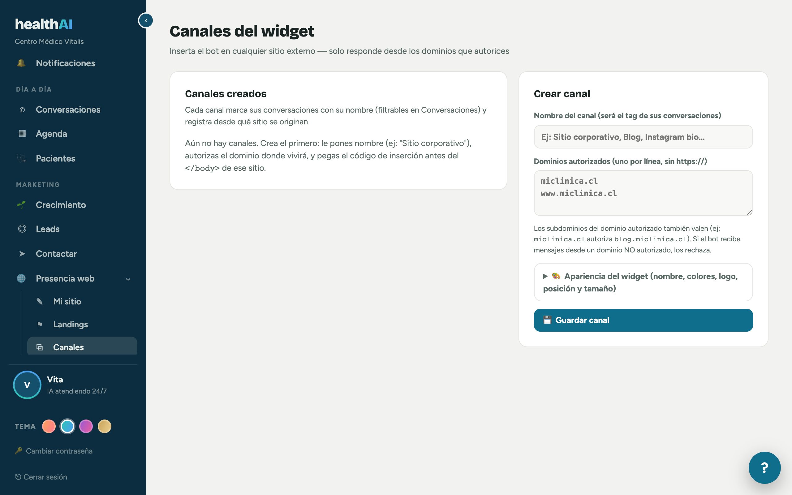 Pantalla real de Canales: widget embebible del bot