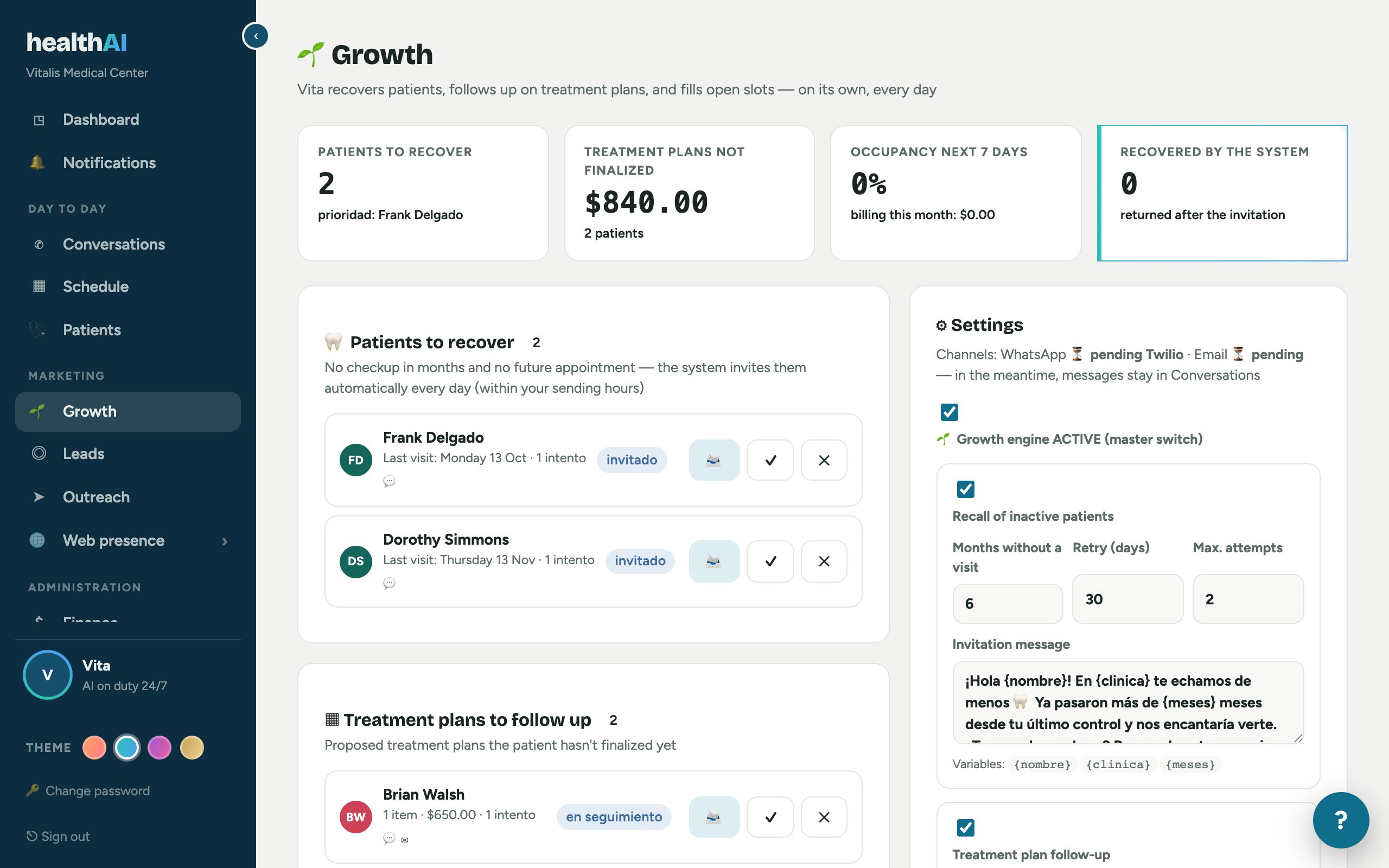 Real Growth plan screen with recall and follow-ups