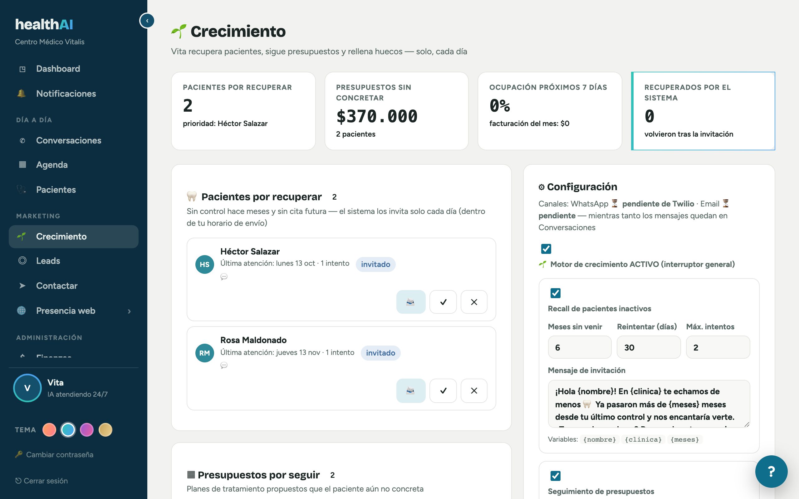 Pantalla real del Plan de crecimiento con recall y seguimientos