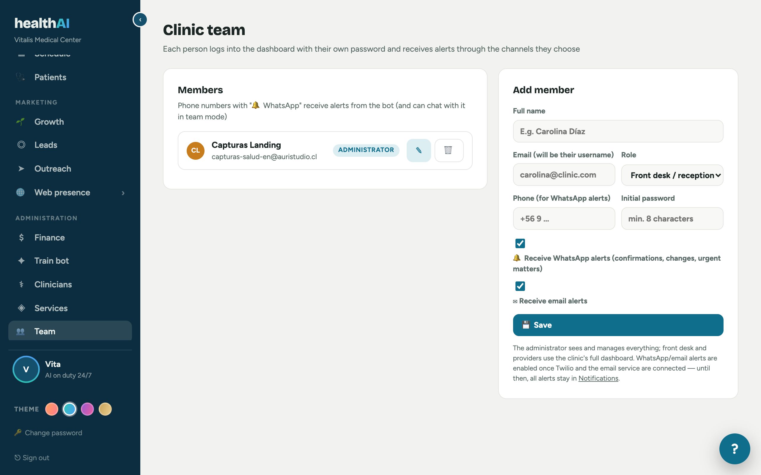 Real Team screen with roles and access