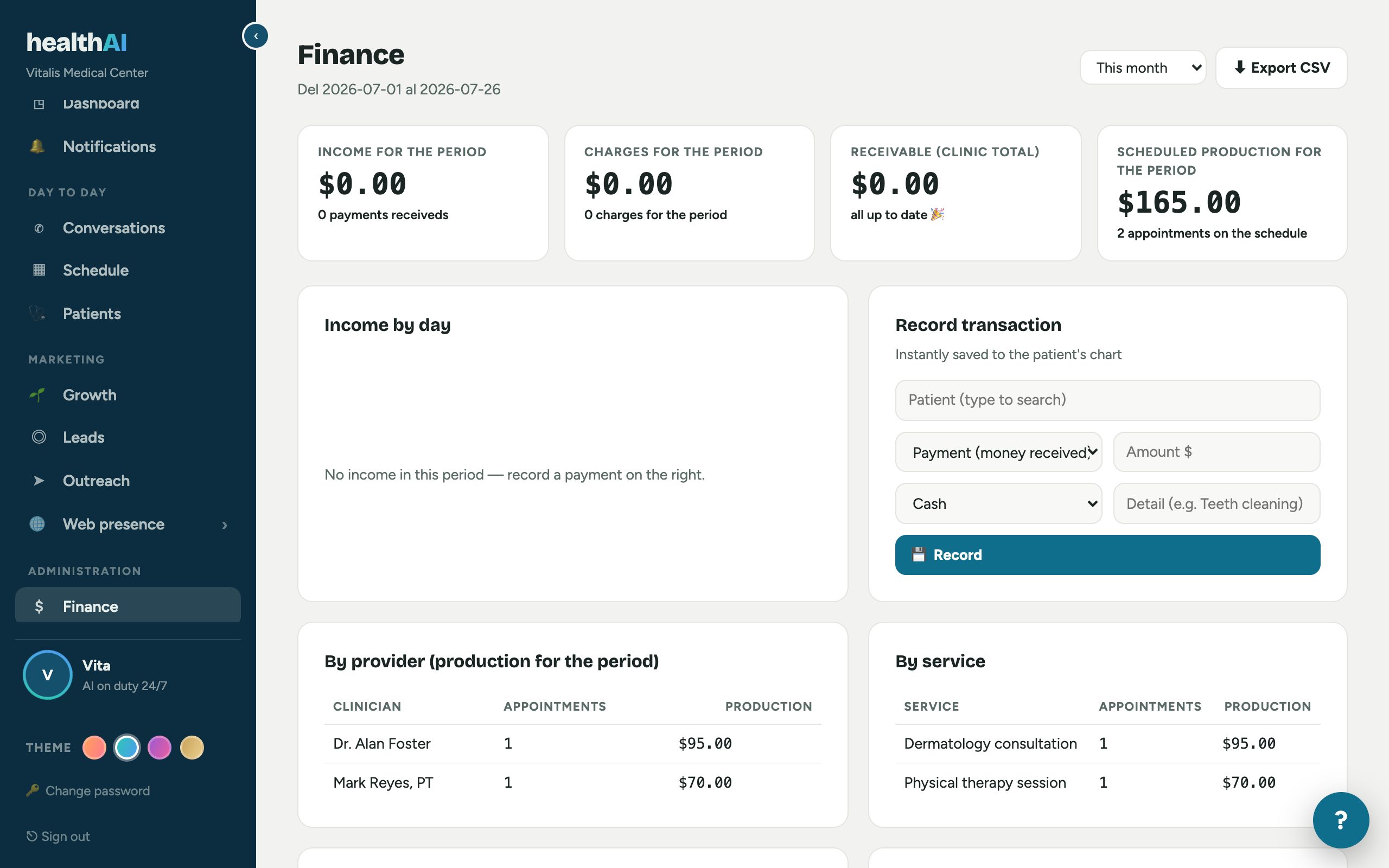 Real Finance screen with revenue and transactions