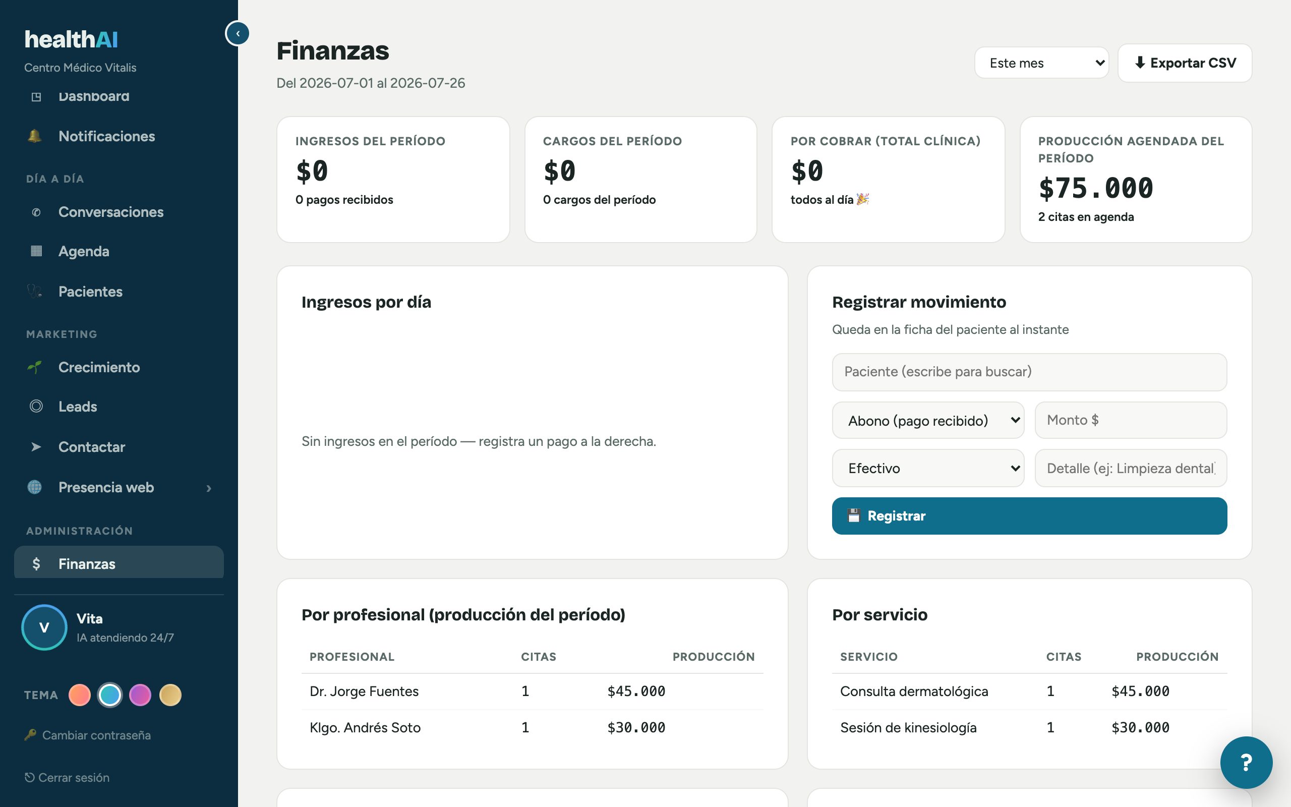 Pantalla real de Finanzas con ingresos y movimientos