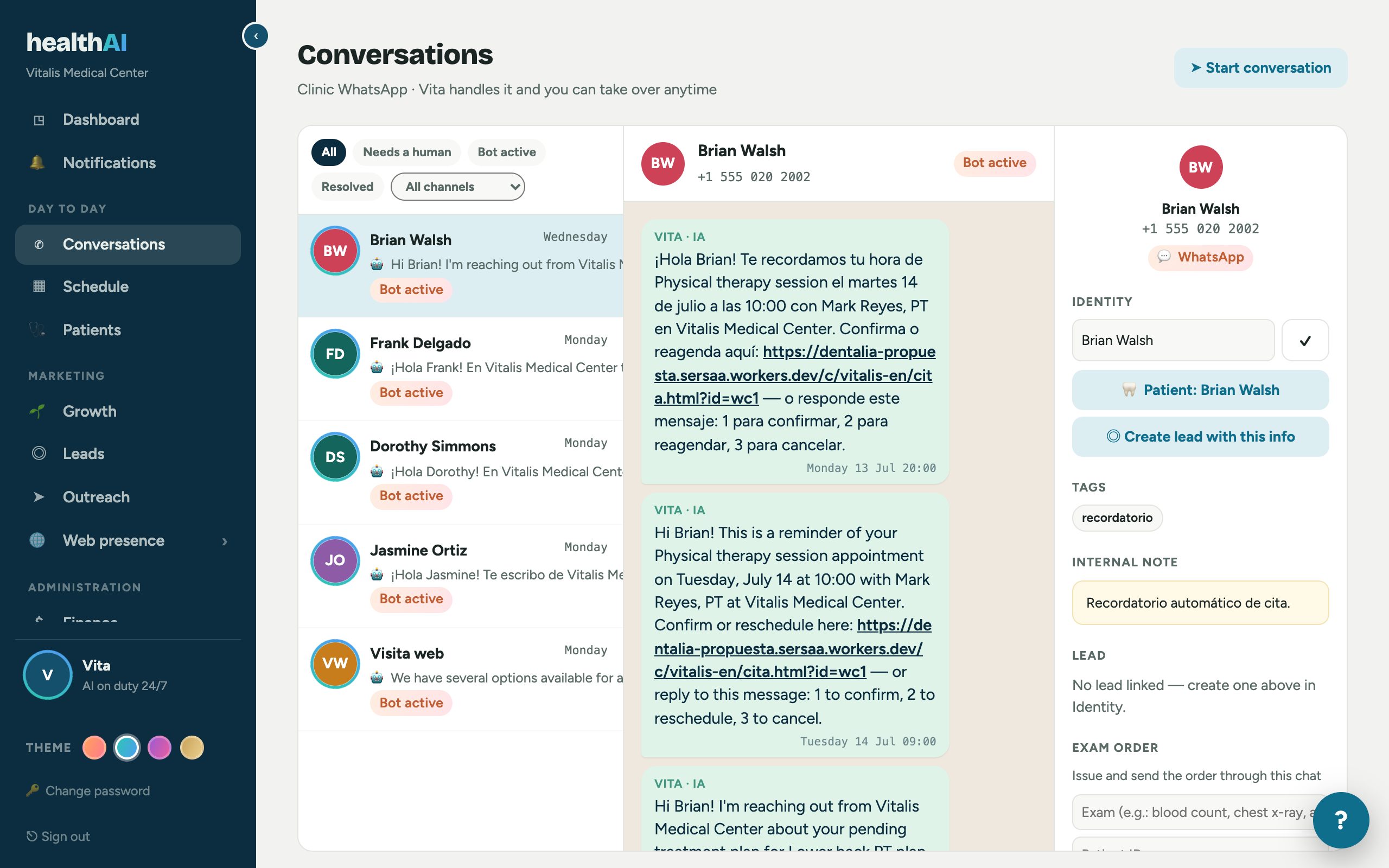 Real Conversations screen: Vita handles WhatsApp and issues exam orders