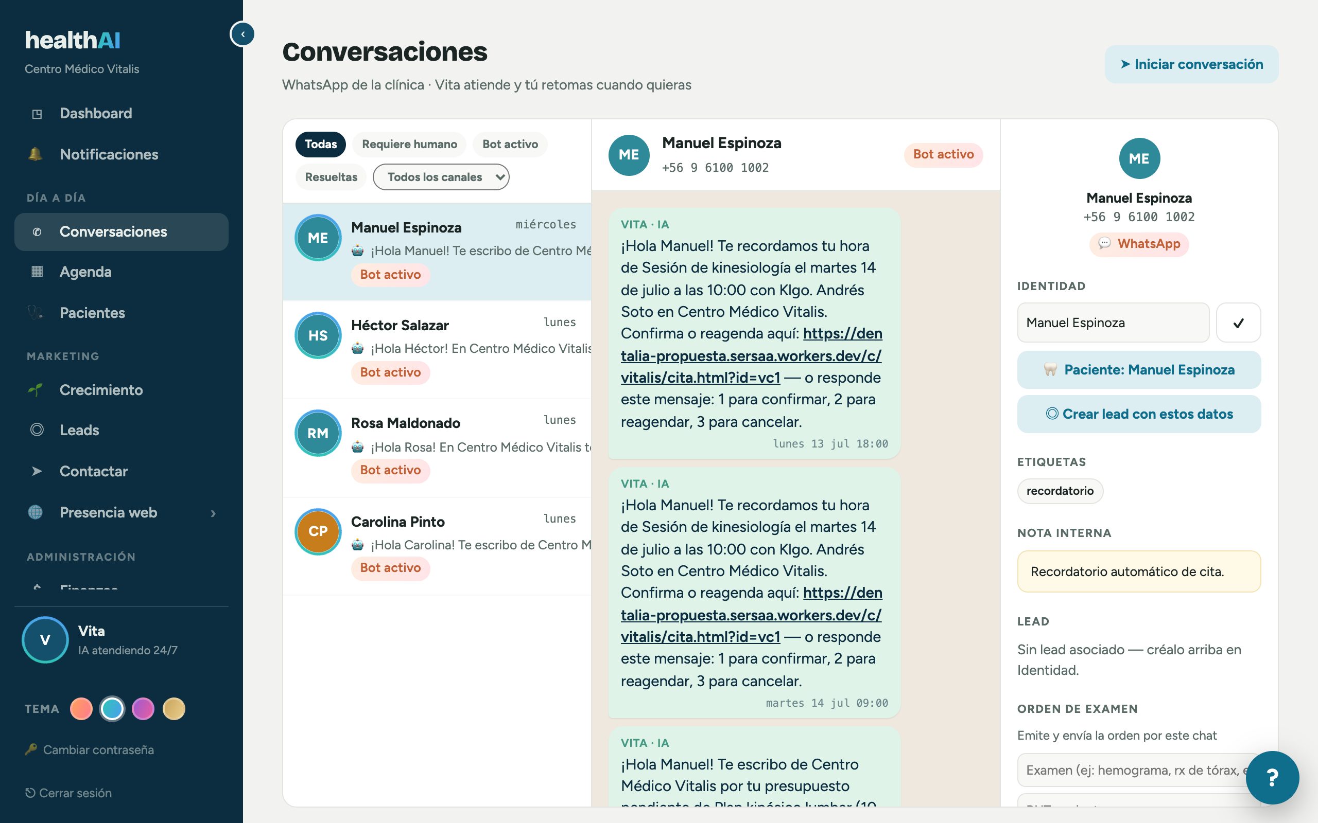 Pantalla real de Conversaciones: Vita atiende WhatsApp y emite órdenes de examen