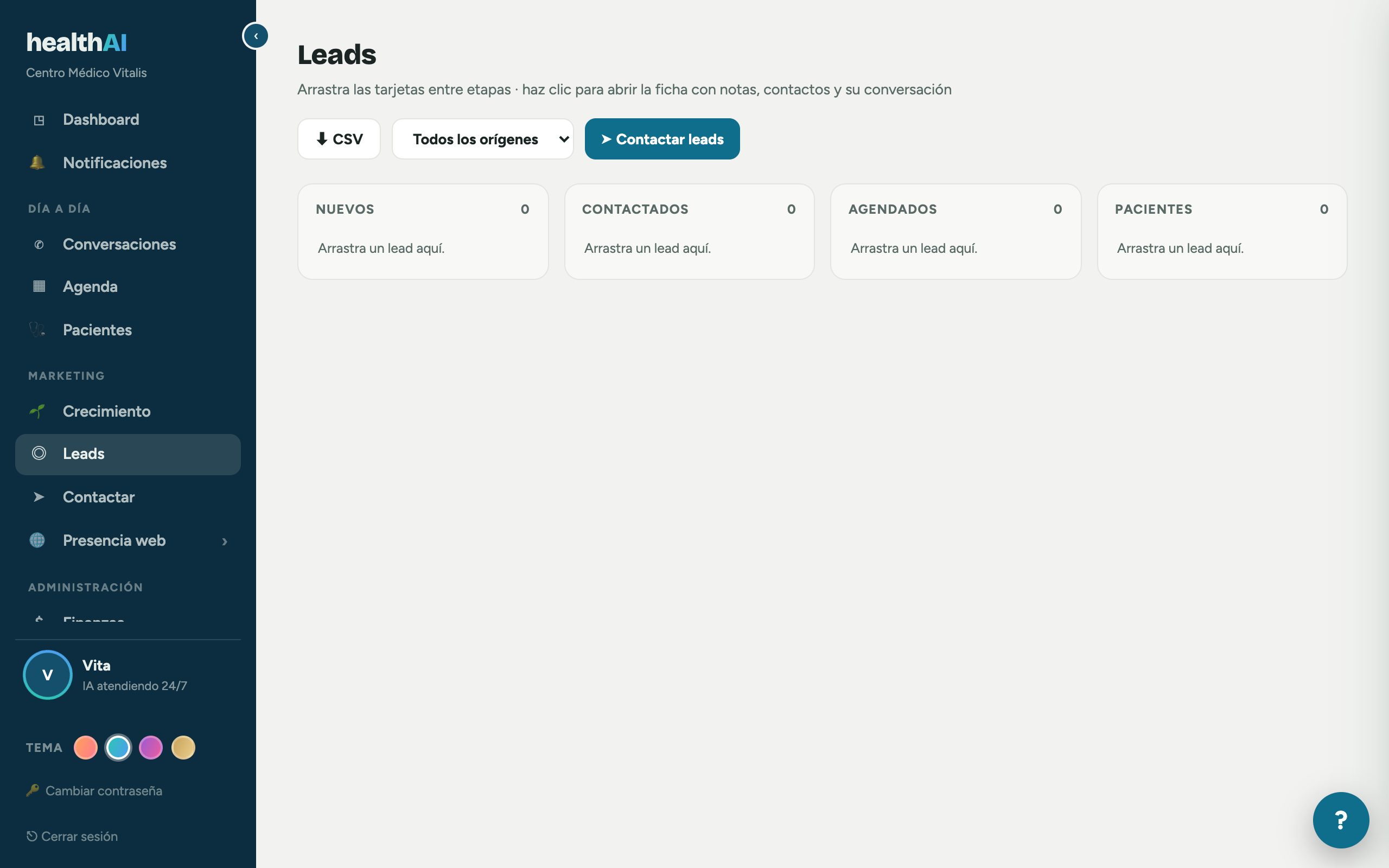 Pantalla real del CRM de leads con etapas y orígenes