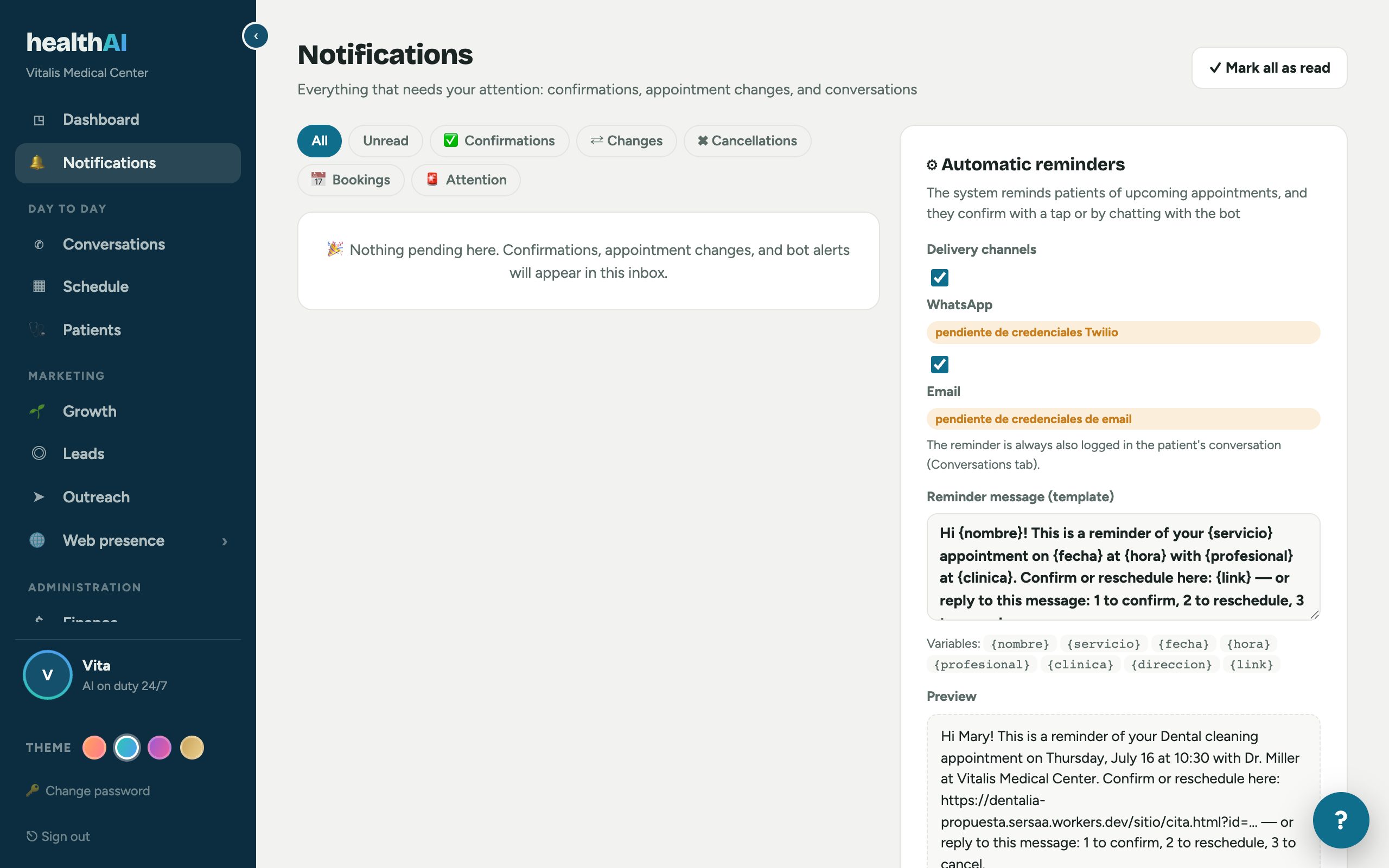 Real Notifications screen with confirmations and alerts