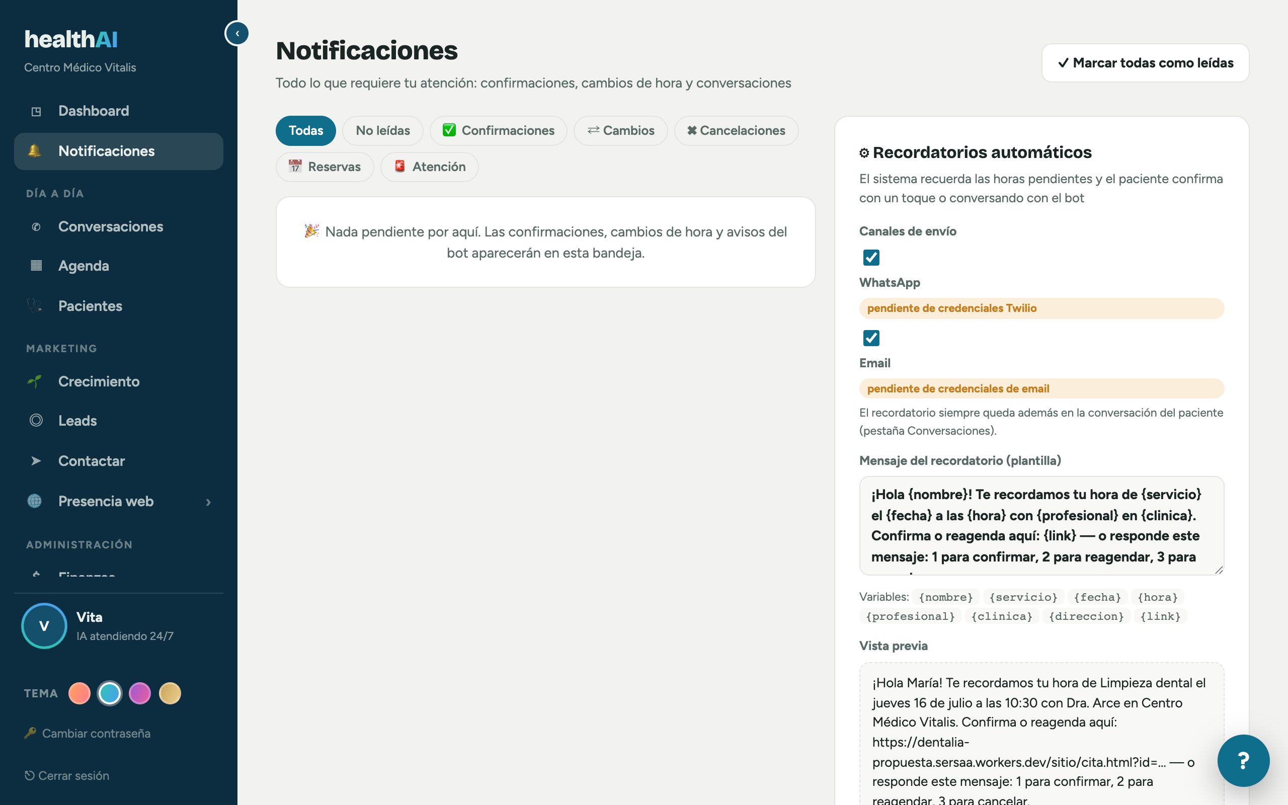 Pantalla real de Notificaciones con confirmaciones y avisos