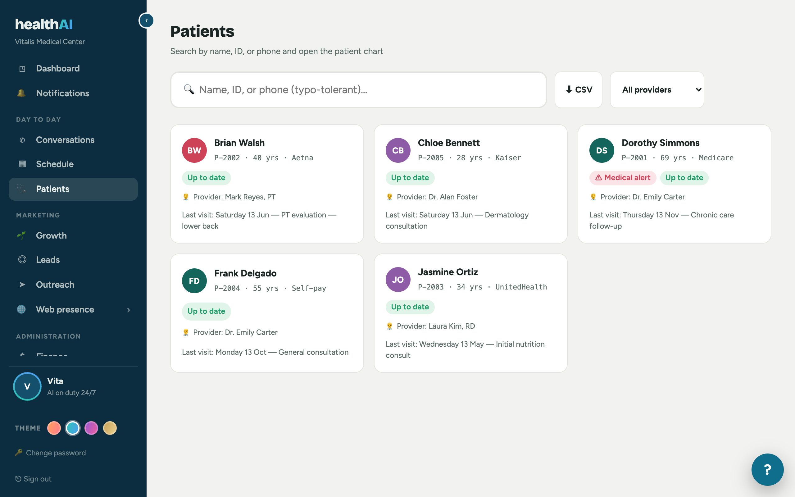Real Patients screen with coverage and medical alerts